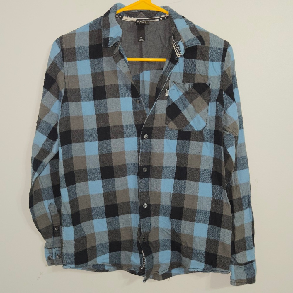 B#24 Shaun White Plaid‎ Flannel Shirt Womens Large Blue Gray Black Casual Top